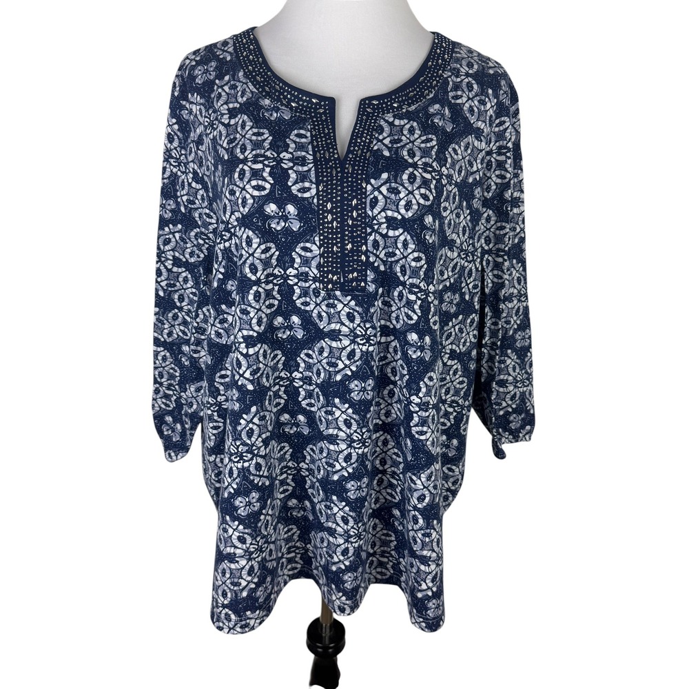 Croft & Barrow Women's 3X Tunic Top Navy Blue White Studded Medallion 3/4 Sleeve
